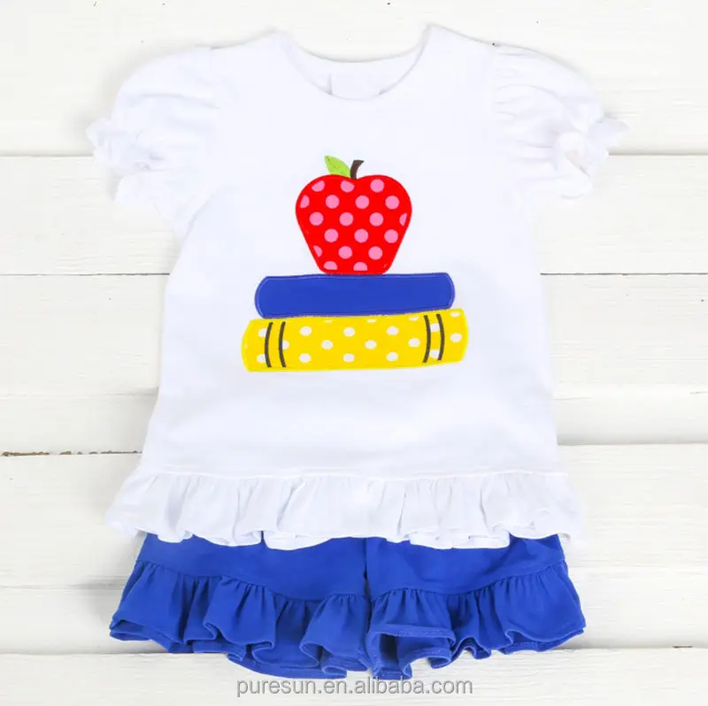 2018 wholesale back to school baby girl clothing organic cotton boutique kids apple applique clothes