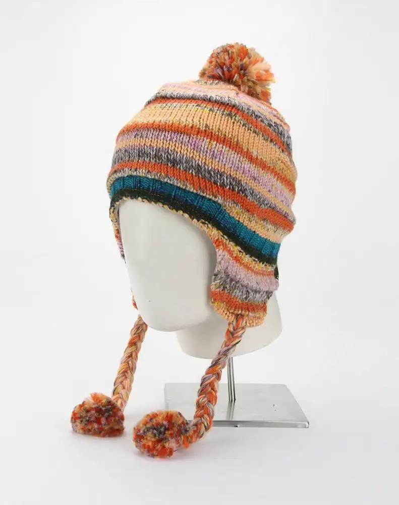 Custom Earflap Beanie Ski Hat Free Knit Pattern For Hat Earflaps Tassel Beanie Man Women Winter Jacquard Hat Acrylic
