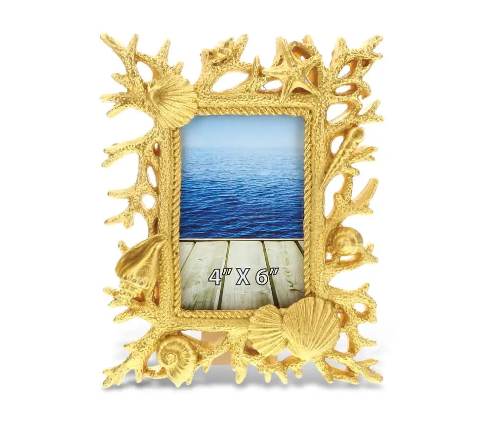 Bingkai Foto Koral Resin Dekorasi Bahari Bingkai Emas dan Kerang untuk Foto 4X6 Inci