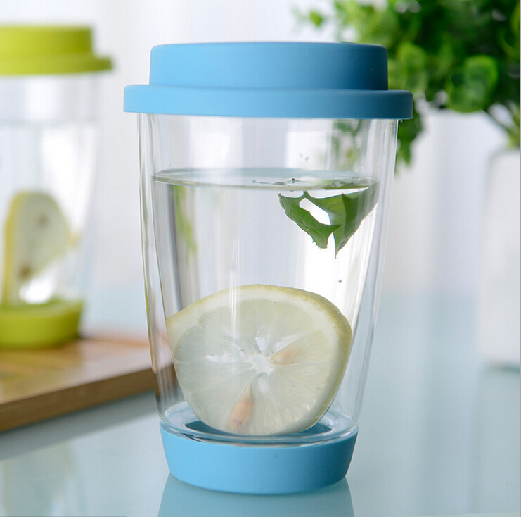 12OZ Double Wall Insulated Glass Travel Cup with Silicone Lid and Bottom