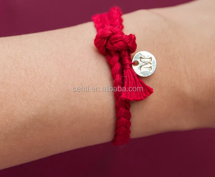 initial letter round disc charm red cotton string hand woven bracelet luck red string bracelet with custom logo tag charm