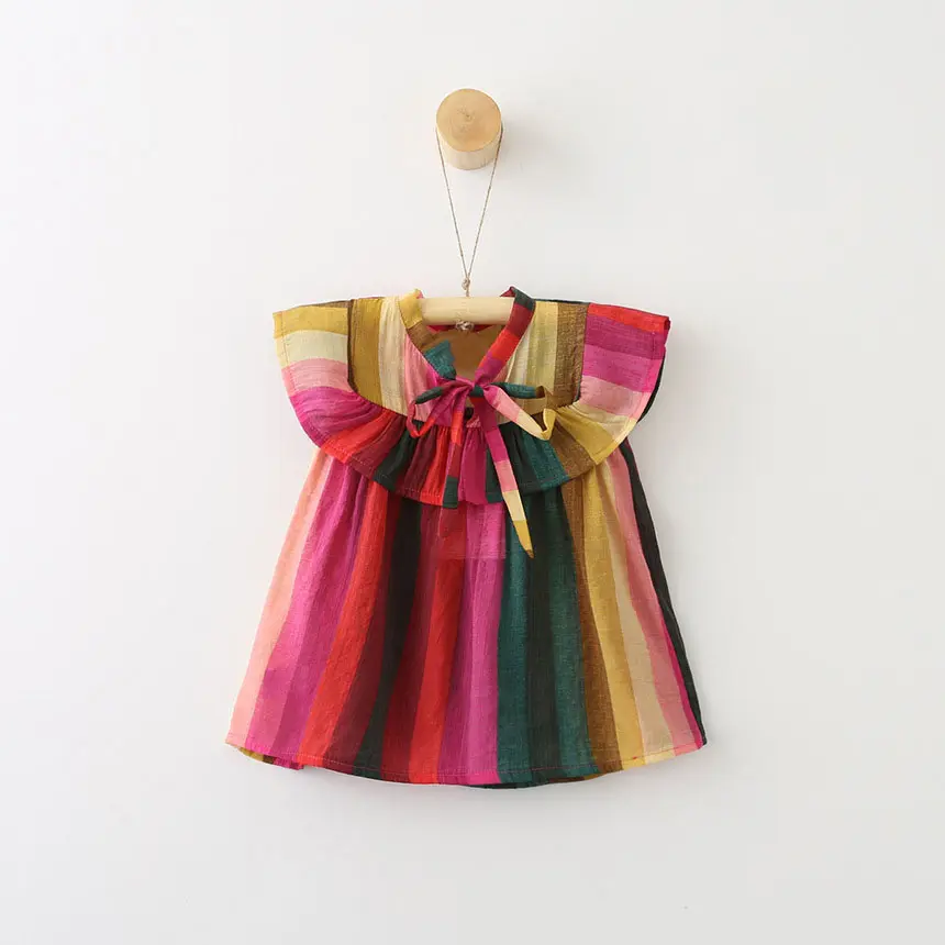 उच्च गुणवत्ता वाली लड़कियों की राजकुमारी बच्चों के लिए जन्मदिन के बच्चे की पोशाक इंद्रधनुष प्रिंट समर्थन आस्तीन रहित