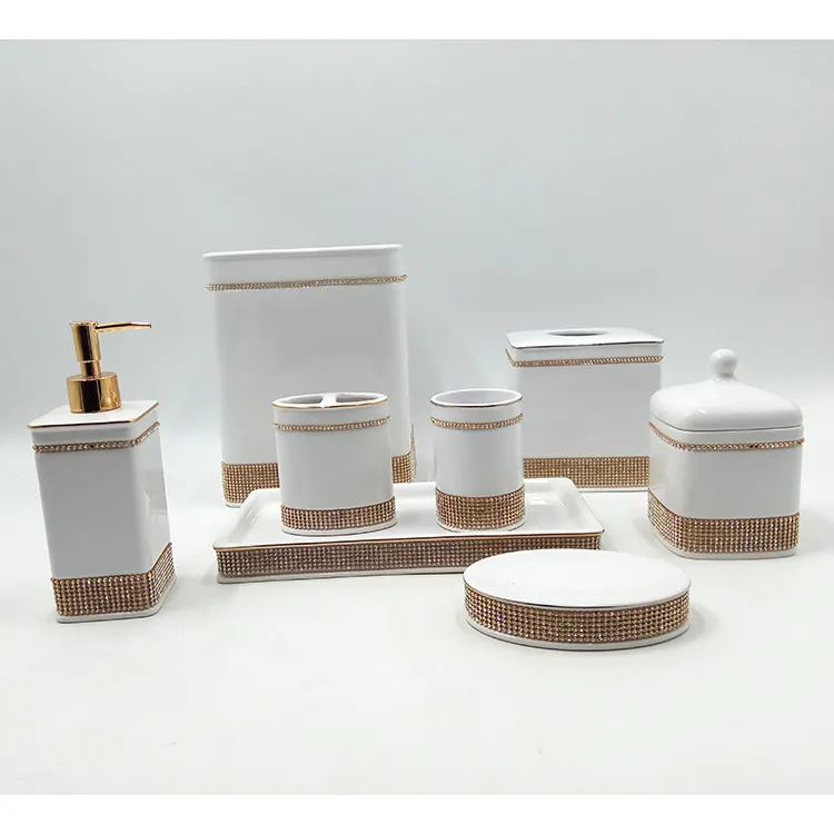 New Design White Ceramic with Diamond Decor Bathroom Accessories Set