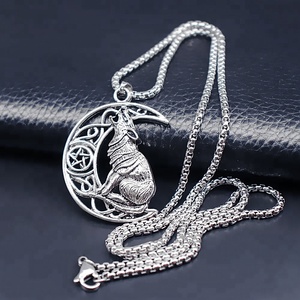 Vendita calda stile Vintage perla quadrata in acciaio inossidabile catena in metallo <span class=keywords><strong>luna</strong></span> lupo ciondolo collana Wiccan gioielli religiosi personalizzati - Product Image 5
