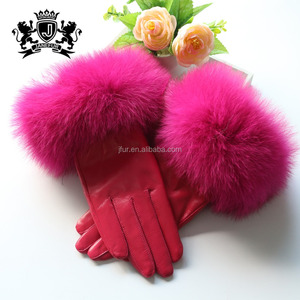 Sexy femmes portant la mode chaude <span class=keywords><strong>rose</strong></span> d'hiver de fourrure de renard brassard en <span class=keywords><strong>cuir</strong></span> en peau de mouton gants - Product Image 1