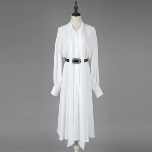 Wholesale Women Newly Summer Style Plain White Maxi Chiffon One Piece Dress with Long Sash of Neck