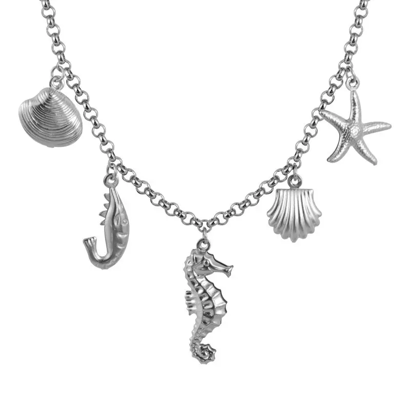 Sea Beach Theme Stainless Steel Lucky Silver Charm Necklace with Shell Fish Sea Horse Star