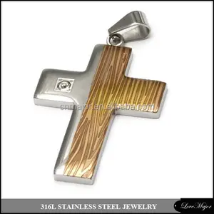 wood design two tone gold plated stainless steel cross pendant with crystal