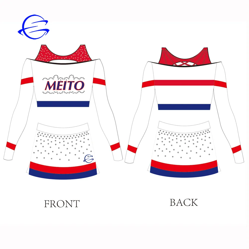 Groothandel Aangepaste Meisjes Sportkleding Kinderen Cheerl dragen Sublimatie Spandex Strass Cheerleading Uniformen Rokken Set