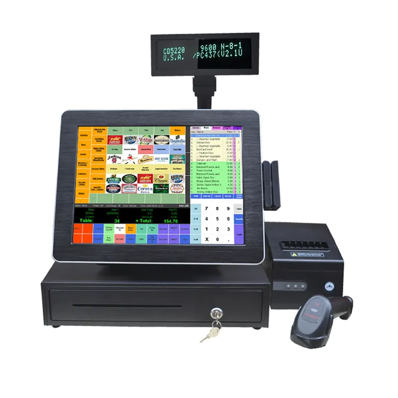 Restaurant All-in-One pos PC 15 Zoll Einzelhandel Touchscreen Pos Systeme Kassierer-Register mit POS-Drucker