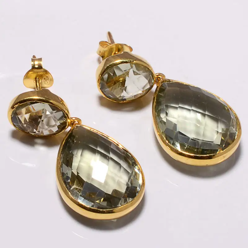 925 Sterling Silver Green Amethyst Gemstone Earrings vermeil gold plated