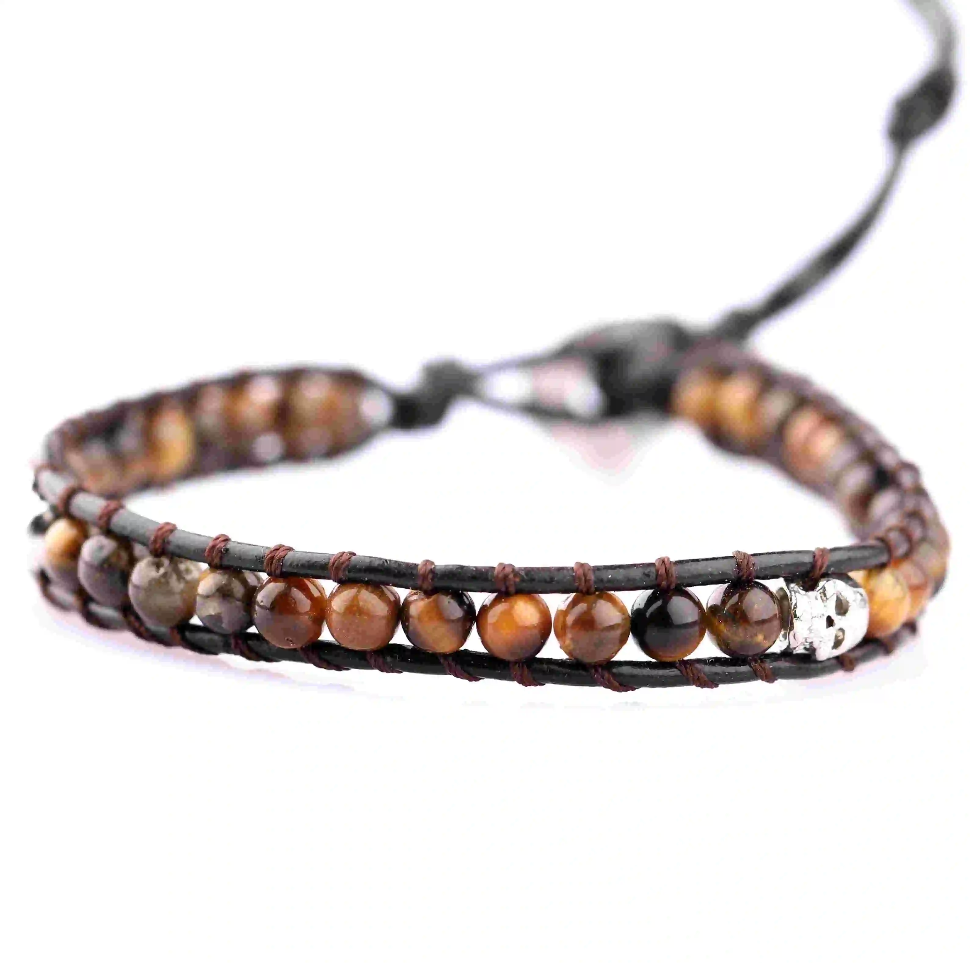 도매 (high) 저 (quality 공예 4mm 돌 brown tiger 눈 bead 보석 랩 가죽 손목 bracelet 및 bangle