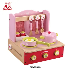 ピンクの木製子供用キッチンプレイセット幼児用卓上キッチンおもちゃ3