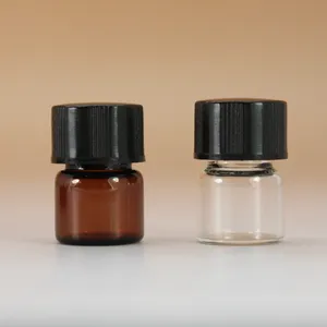 0.5ml 1ml 2ml 3ml 5ml 15ml mini amber glass bottle with black screw cap plastic orifice reducer small glass vial w/ plastic lid