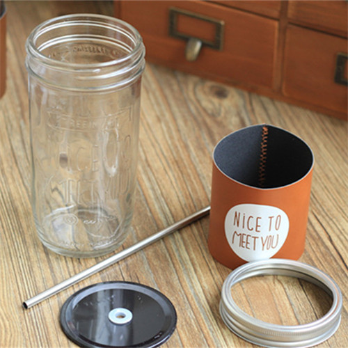 Haonai glass mason jar with split metal lid,stainless steel straw and PU cover,500ml drinking glass jar.