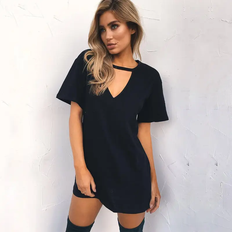 Summer Choker V-neck Short Sleeve Dresses Women Casual Halter Loose Boho tshirt Dress