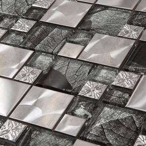 Souls <strong>Crafts</strong> Modern Square Crystal Glass Metal <strong>Mosaic</strong> <strong>Tile</strong> Parquet Design Glossy Finish Silver + Black 305x305mm 2mm Joint Hotel - Product Image 4