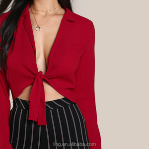 <span class=keywords><strong>Manga</strong></span> <span class=keywords><strong>larga</strong></span> frente nudo hundiendo solapa <span class=keywords><strong>crop</strong></span> <span class=keywords><strong>top</strong></span> blusa - Product Image 4