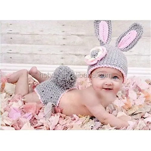 かわいい漫画灰色のウサギスタイル幼児新生児女の子男の子かぎ針編みビーニー帽子服赤ちゃん写真小道具A061