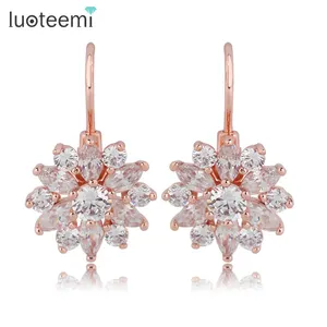 LUOTEEMI Wholesale Trendy Rose Gold Plated Shining Zircon High Quality Women Gift Luxury Drop Clip Earrings