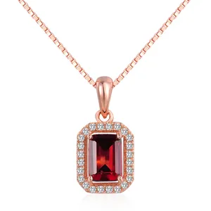 Natural Gemstone 925 Sterling Silver 5x7mm Square Red Garnet Necklace S925 For Women NI053