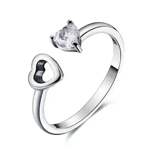 BAGREER SCR073 Adjustable Open Cuff Zircon Love Heart Shaped CZ Stone Ring Silver 925 Rings Women Jewelry
