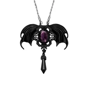 Hot Sale Gun black Plating Big Wing Vampire Bat Broach Pendant Necklace With Purple Crystal Body