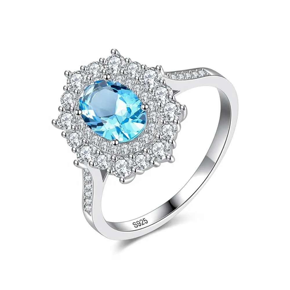 CZCITY High Quality Big Sky Blue Topaz Brilliant Rings for Women 100% 925 Sterling Silver Flower Bridal Engagement Rings Jewelry