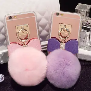 Lucu 3D Kelinci Rambut Bulu Pompom Gantungan Kunci Bulu Ponsel Case Penutup Belakang dengan Cermin untuk Samsang S5 S6 Plus S7 s7E S8 S8P Cover Shell