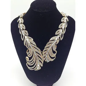 N0600 Huilin Extravagant Gold Diamond Necklaces hollowed out feathers necklaces diamond necklace designs bridal