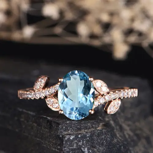 Caoshi Elegant Rose Gold Jewelry Aquamarine Ring Leaves Shape Moissanite Ring Engagement