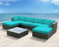 Luxxella Patio Mallina, Salon de Jardin en Rotin d'Extérieur 7 Pièces Toutes Saisons, Turquoise