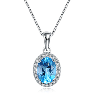 Natural Gemstone 925 Sterling Silver 8x6mm Oval Swiss Blue Topaz Necklace S925 For Women NI049