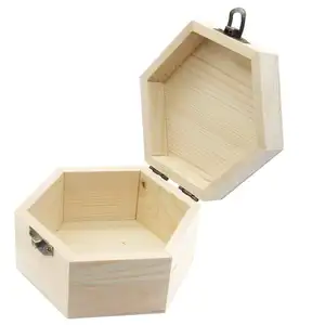 Plain Unfinished Hexagon Wooden Jewelry Box Storage Chest Treasure Toy Case