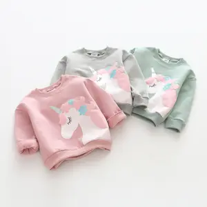 Hot Sale Rippen manschette Sweatshirt niedlichen Einhorn Grafik Kinder Hoodies Sweatshirt