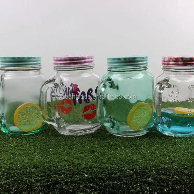O projeto do decalque de vidro frasco de pedreiro com tampas de lata de spray Colorido bebida caneca Alça transparente xícara de água com palha