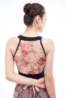 Justaucorps string OEM sexy pour femme, coupe haute, col montant, motif floral, en Spandex et Chiffon, pour danse classique