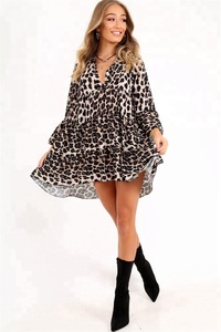 Delle signore Del Manicotto Lungo Della Stampa Del Leopardo Vestito a Trapezio - Product Image 3