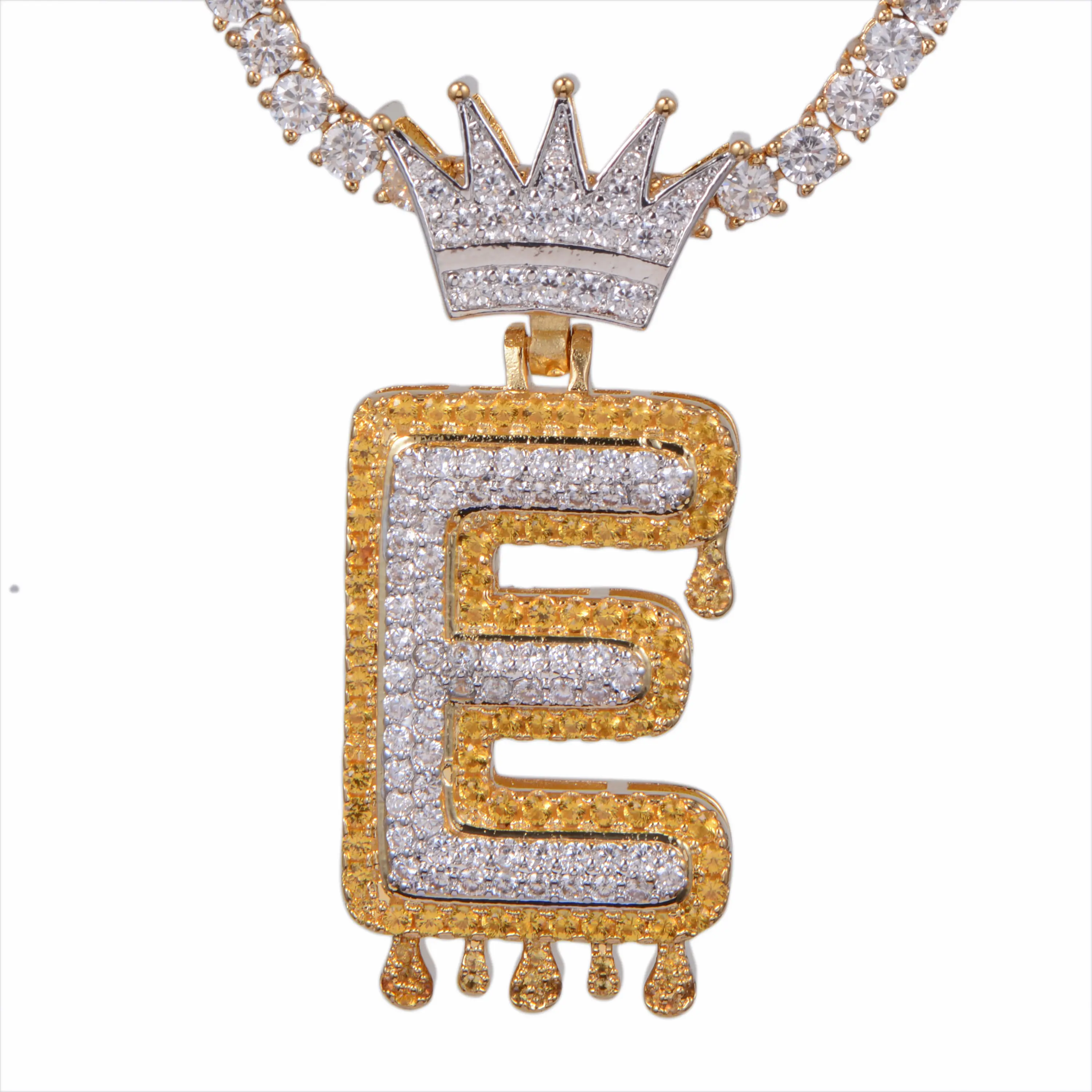 New Design Iced Out Crown Dripping Bubble Letter Pendant Necklace