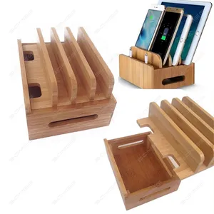 Multifunktions-Bambus-Handy halter Kabel Organizer Stand Ladestation für iPhone für Samsung Phone/Tablet Universal