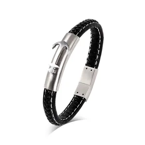 Bracelet Tressé en Cuir Véritable avec Fermoir Magnétique, Plaqué Argent, Cadeau d'Amitié pour Homme et Femme