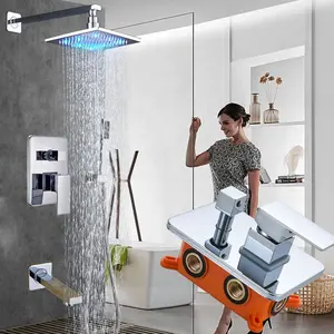 Robinet mitigeur de douche carré 16 pouces, avec lumière LED, chromé, monté au plafond, avec bec de baignoire, douchette et pommeau de douche