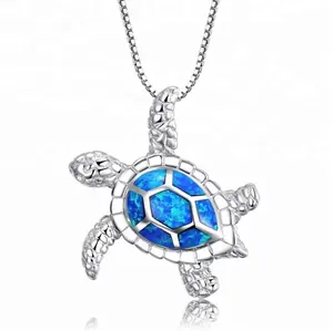 Synthetic Opal Jewelry, Rhodium Plated 925 Sterling Silver Created Opal Sea Turtle Pendant Necklace