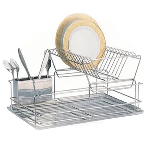 Dapur 2 Tier Stainless Steel Dish Rack Meja Penyimpanan Rak Pengeringan Piring Chrome Kawat Rak Piring dengan S. S Tray (AWK107)