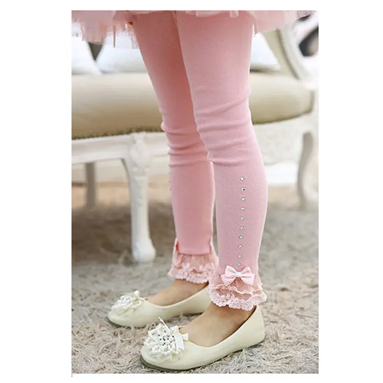 Legging princesse en coton pour enfant fille, avec dentelle, à volants, strass, rose, bleu, beige, printemps automne