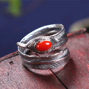 Tibetan Handmade <strong>Silver</strong> Natural Japanese Red Coral <strong>Ring</strong> for Women <strong>Feather</strong> Shape Design Your Own Championship <strong>Ring</strong> - Product Image 4