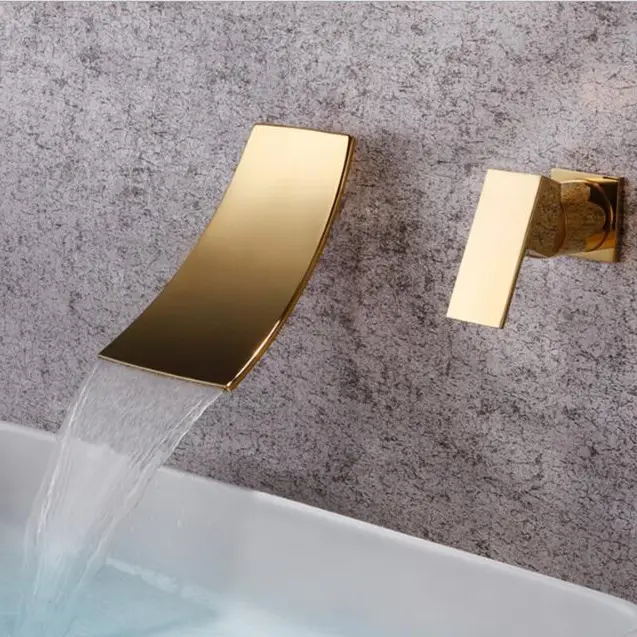 Neues Design Hot Sell Badezimmer gebürstet Gold Wasserfall Wand montage Becken Wasserhahn