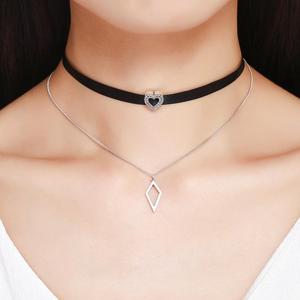 BAGREER SCN082 Mehr schicht iges Leder cz Stein herzförmiger Anhänger Hohl diamant 925 Silber Choker Kette Halskette Schmuck Frauen - Product Image 6