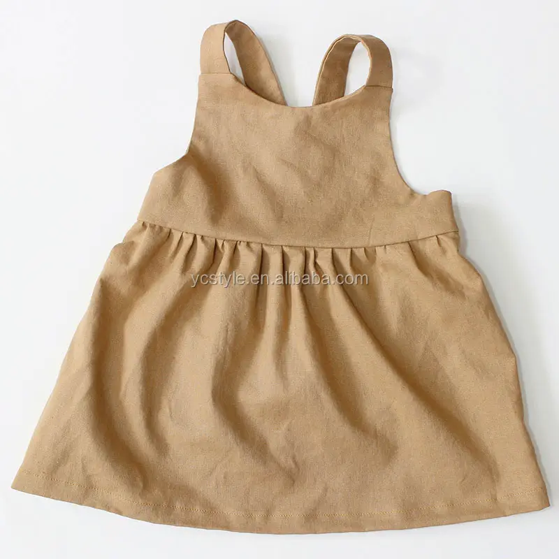 Vestido delantal de algodón de lino para bebé hecho en China en 55% Lino 45% mezcla de algodón, botón de vestido lindo de buena calidad en la parte posterior