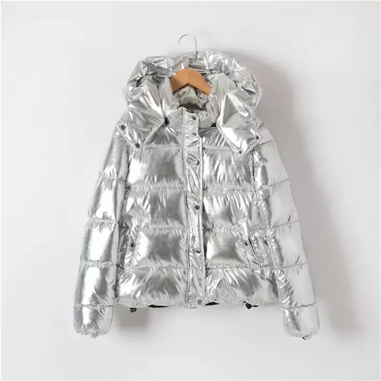 Kadın moda kış sıcak parlak gümüş kapitone ceket